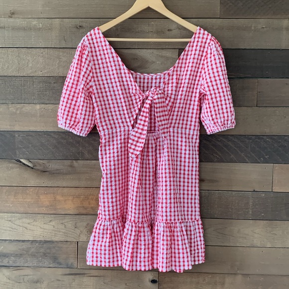 NWT LOFT Women's Gingham Tie Back Flounce Swing Dress in Tango Red - Picture 7 of 11